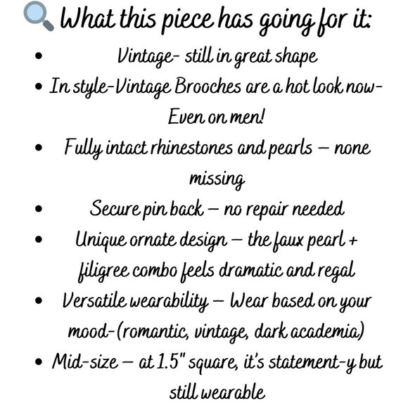 Vintage Faux Pearl Brooch with Rhinestone Accents Ornate Gold Tone Filigree Pin - Picture 10 of 12